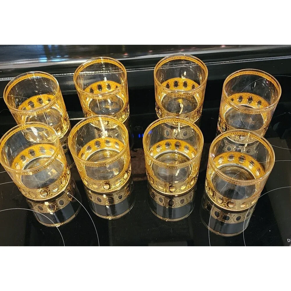 Vintage Set 8 Culver 1960s Low Ball Glasses 22K Gold Overlay Antigua